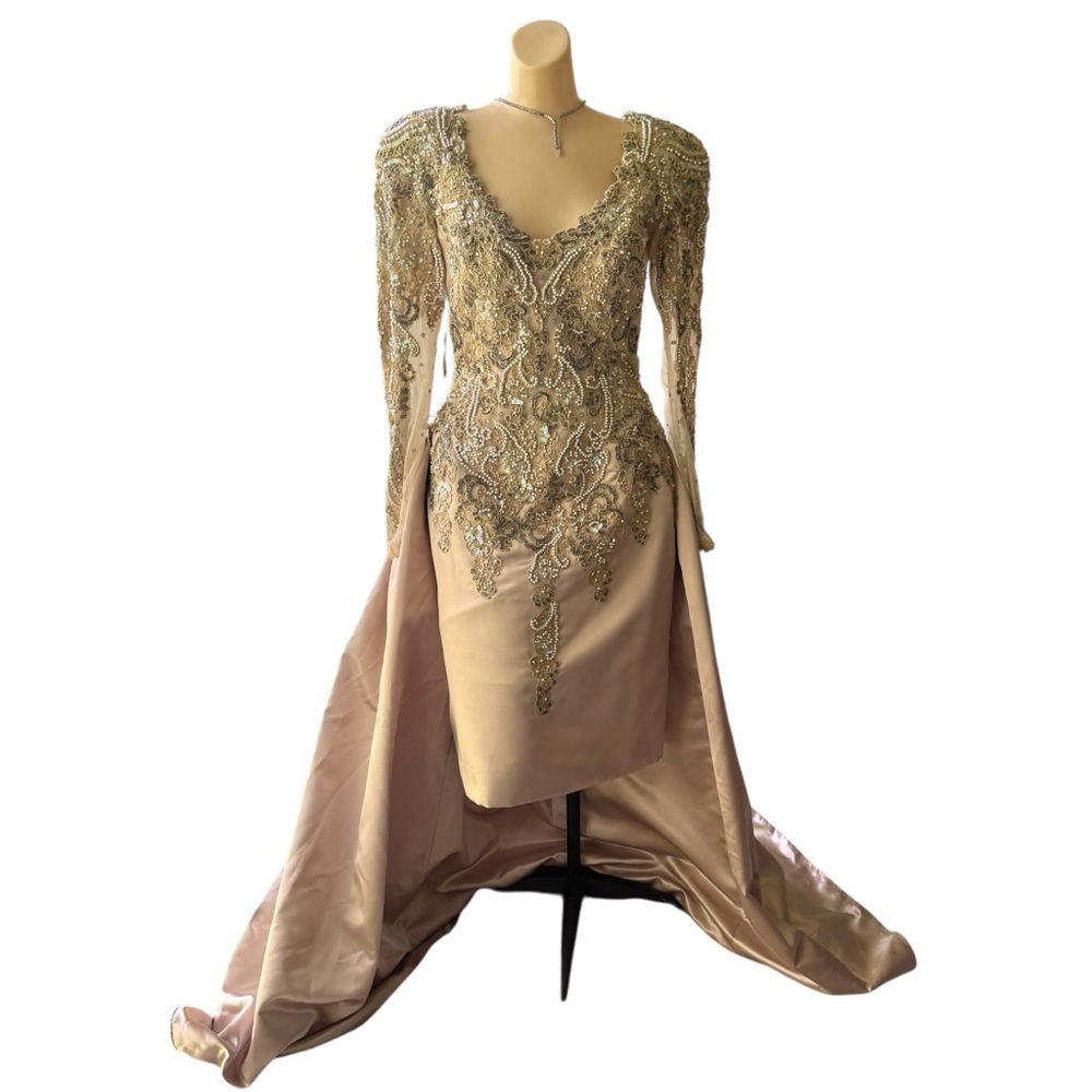 Vintage 70s Lillie Rubin Couture Gown Beaded Cocktail Dress w Detachable Train